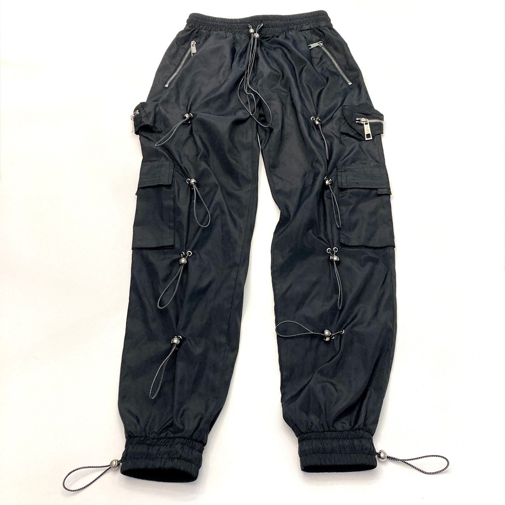 boohooMAN Parachute Crinkle Pants Toggles Cargo Black Mens Medium Pockets